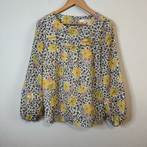 Loft Petite Shimmer Floral Pleated Blouse Gold Pink Leopard Pure Pearl Top Sz S - Picture 2 of 12